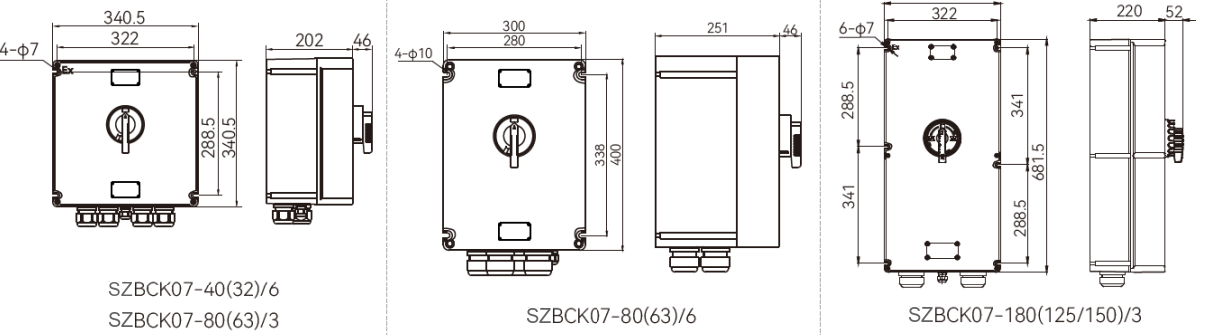 SZBCK07 工程塑料防爆安全开关 SZBCK07的40A至180A系列安装尺寸