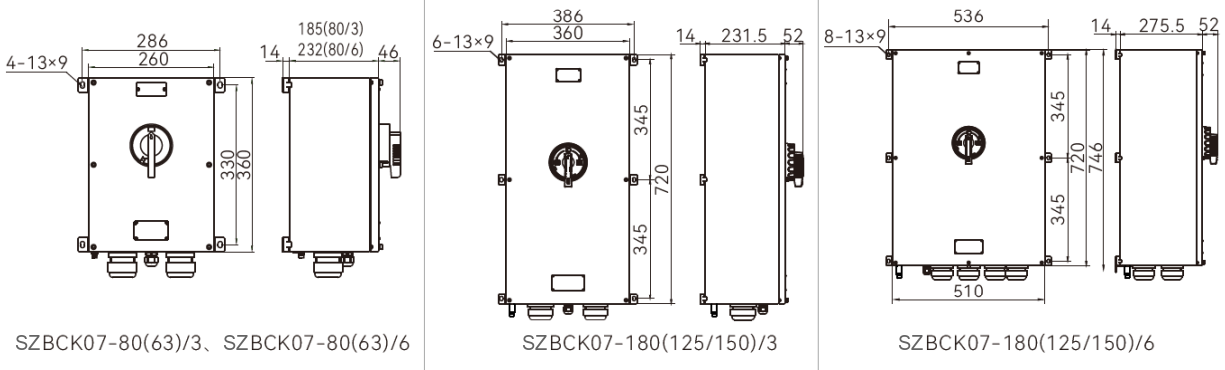SZBCK07 304不锈钢防爆安全开关 SZBCK07 63-180A规格外形安装尺寸