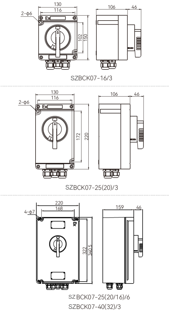 SZBCK07 工程塑料防爆安全开关 SZBCK07的16A至40A系列安装尺寸